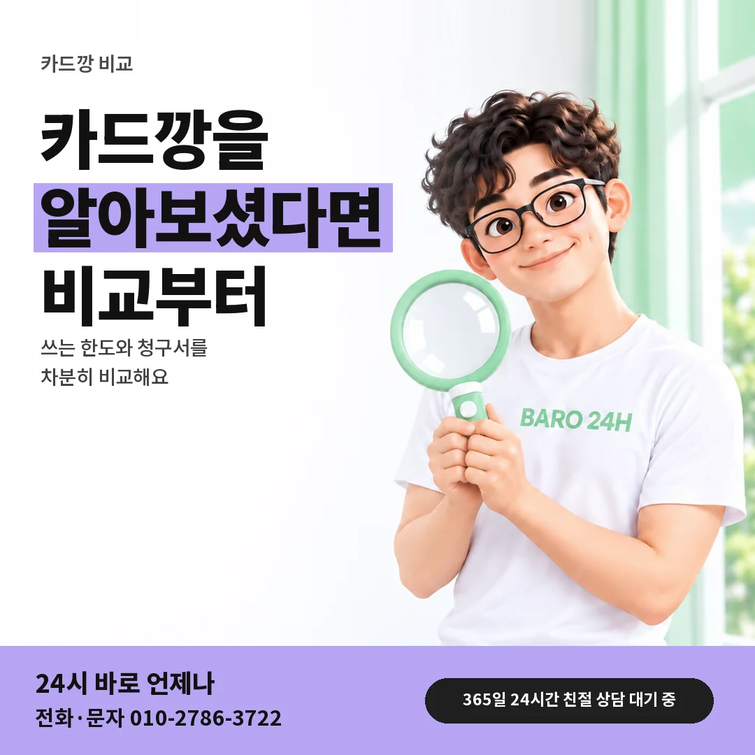 돋보기를 든 BARO 24H 티셔츠를 입은 3D 인물 옆에 「SKT 카드깡 문의 전 비교」 제목을 얹은 안내 카드